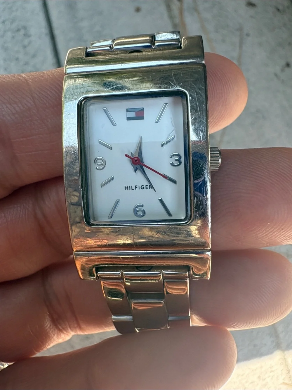 Tommy Hilfiger Silver and White Rectangular Link Watch